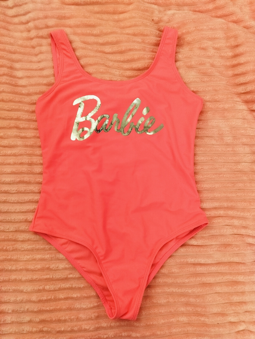 Barbie Coral Pink One-Piece Swimsuit with Metallic Logo - 10/12 Girl (XS Women)